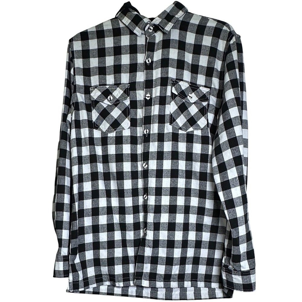 MONUMENT Mens Flannel Shirt Hooded Buffalo Plaid Black/White Lg Cozy Streetwear